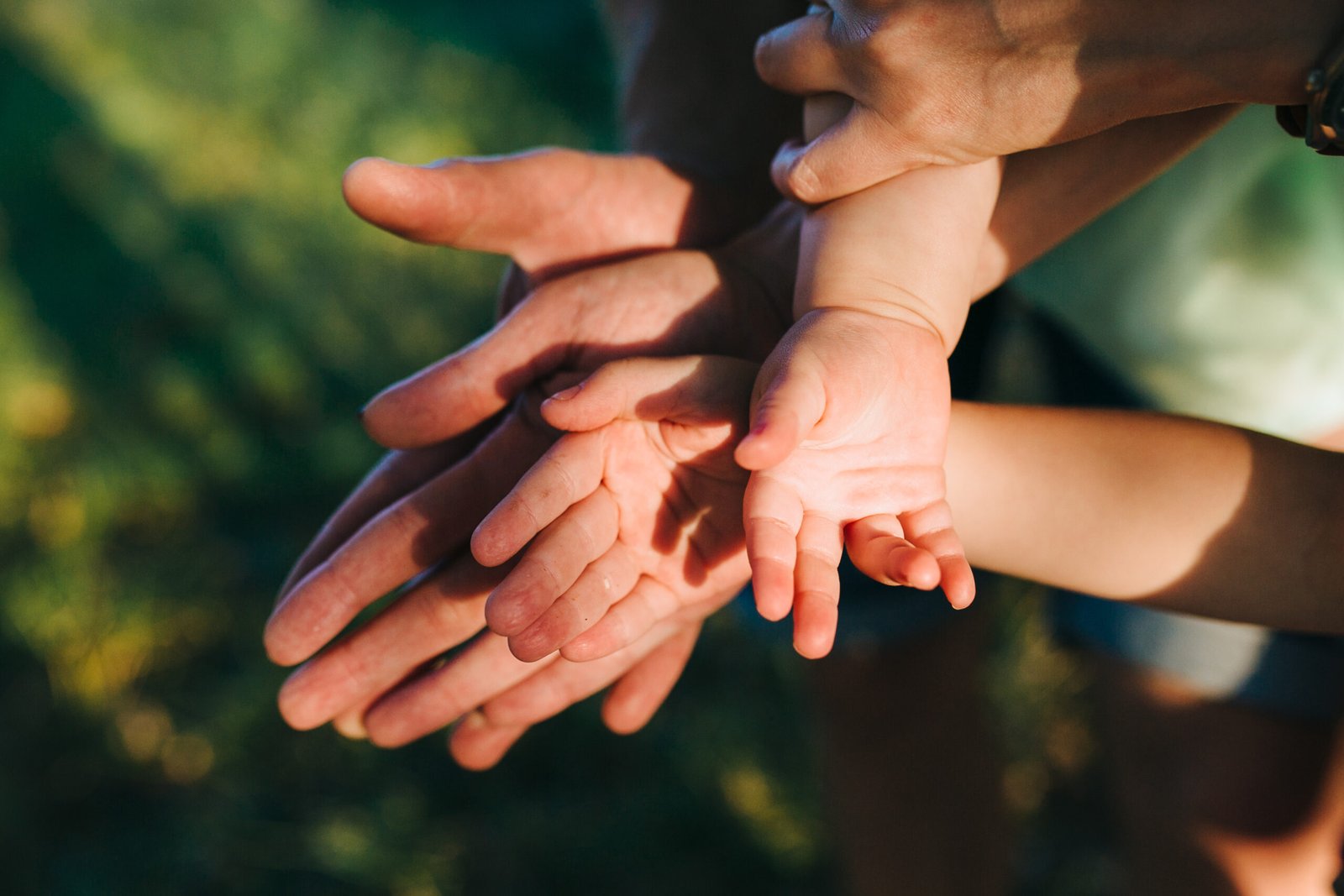 Manos de una familia para explicar la diferencia entre separación y divorcio con hijos.