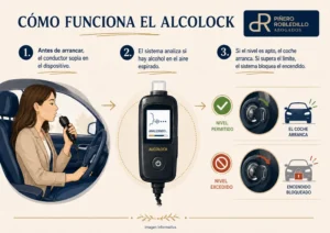 Cómo funciona un alcolock o alcoholímetro antiarranque en un coche: analiza el aire espirado y bloquea el encendido si supera el límite.